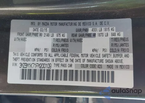 2015 Mazda Mazda3 I Sport из США, поврежденный, VIN 3MZBM1K71FM200109